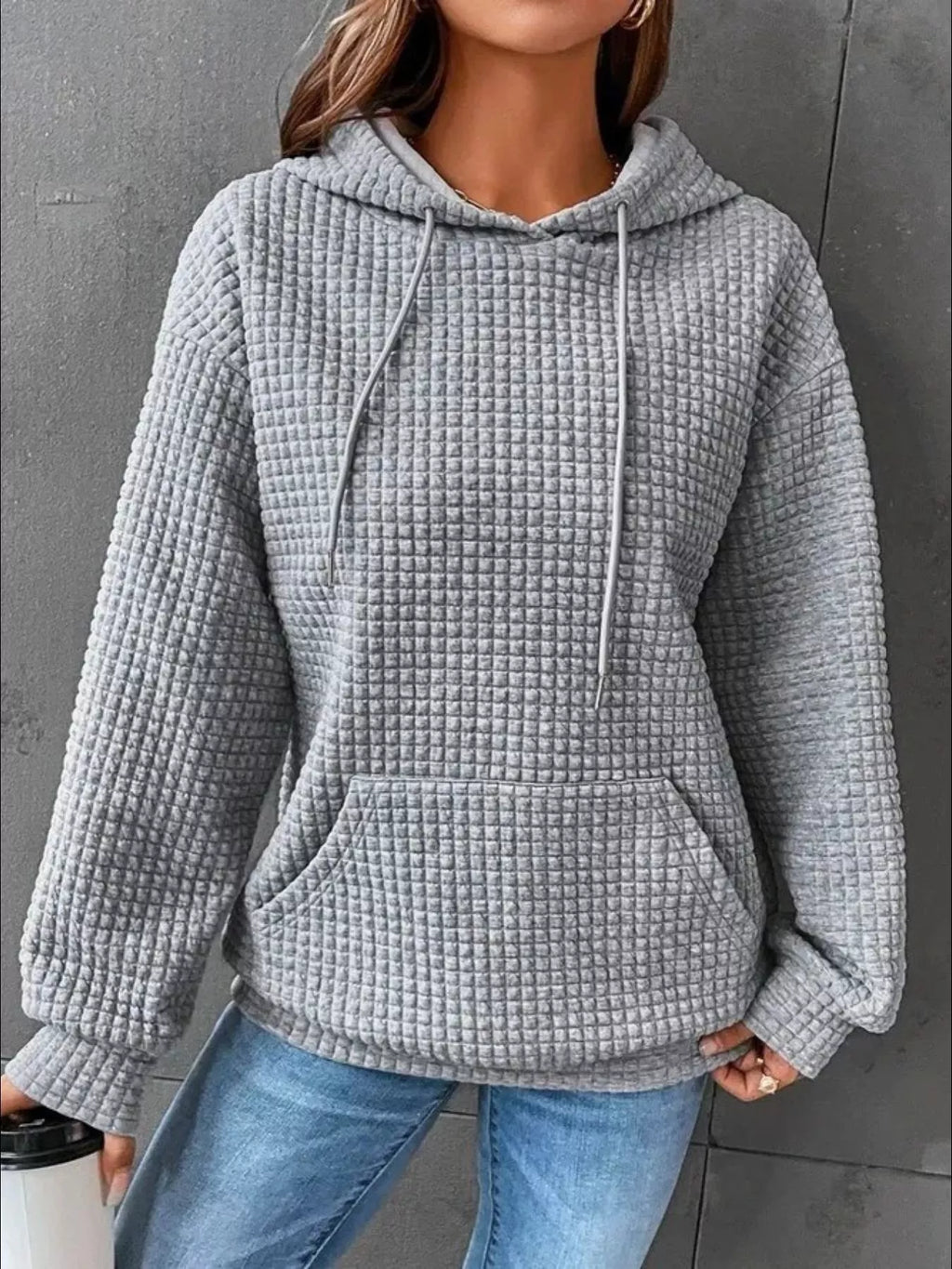 Full Size Textured Kangaroo Pocket Hoodie Plus Size