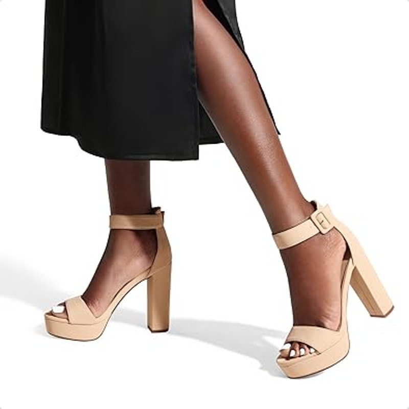 Dream Pairs Womens 7.5 Tan 4.5" Block Heel Open Toe Ankle Strap Sandal Shoes