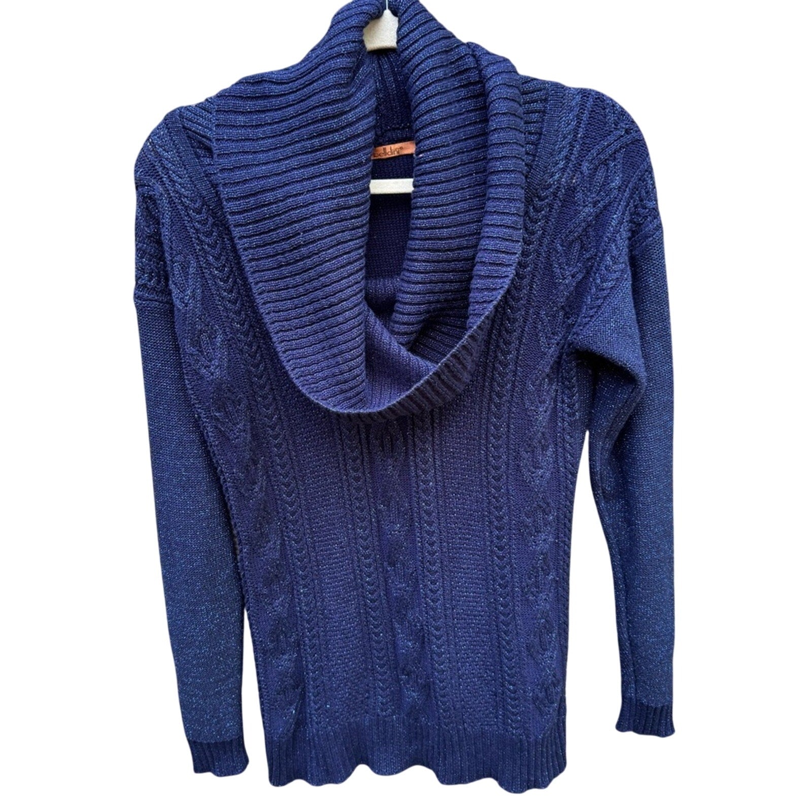 Belldini Womens Small Navy Blue Metalic Long Sleeve Cowl Neck Knit Sweater