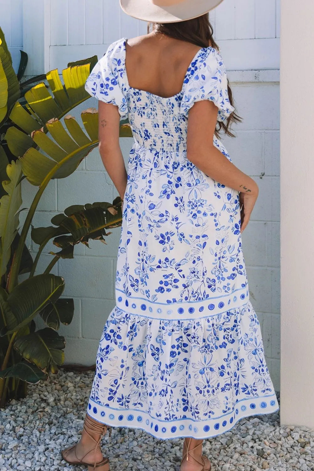 Smocked Printed Square Neck Puff Sleeve Dress