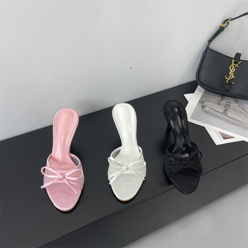 Women's Bow-Tie Mesh High-Heel Slide Sandals - Open-Toe Fashion Heels