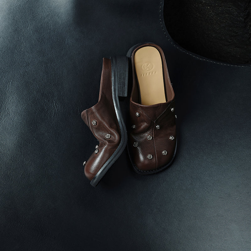 Full Grain Leather Studded Mules
