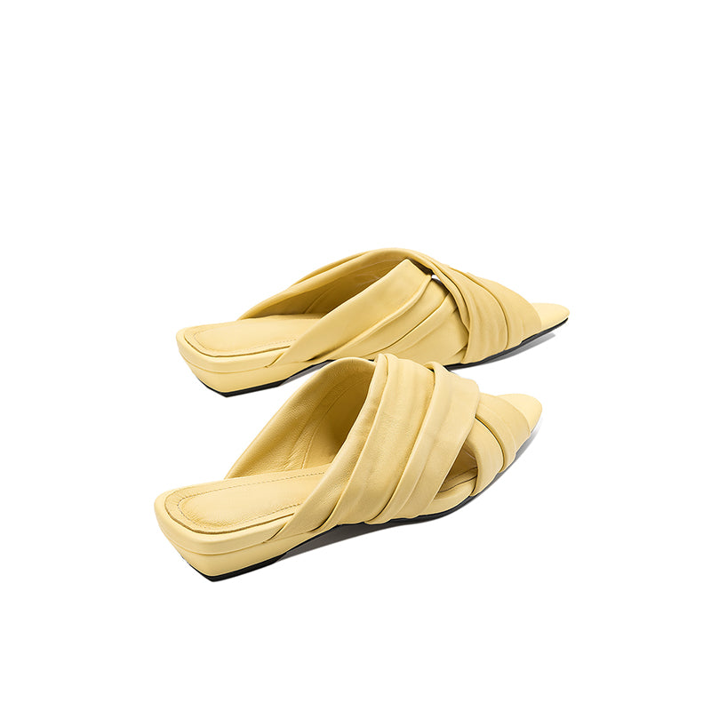 Women's Ruched Lambskin Slide Sandals | Square-Toe Handmade Leather Flat Mules