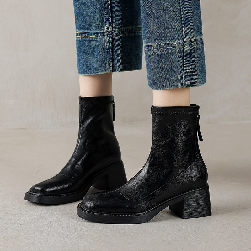 Women's Chunky Heel Square Toe Ankle Boots - Waterproof Non-Slip Mid Heel Boots