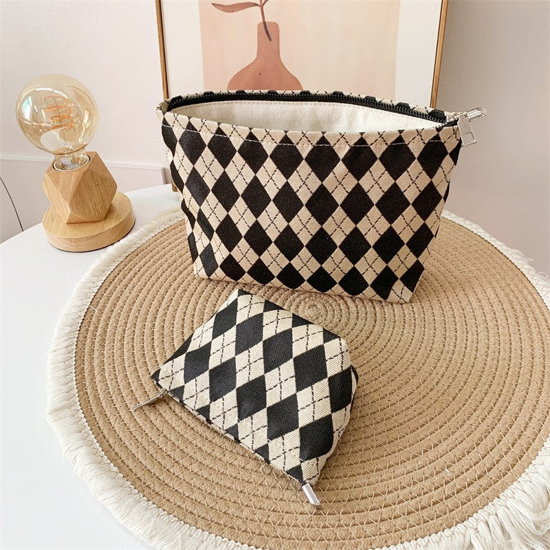 Women's Geometric Fabric Cosmetic Bag - Multi-Compartment Makeup Organizer with Zipper
