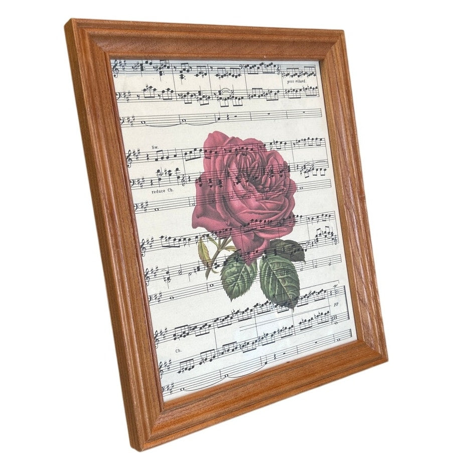 Handmade Upcycled Vintage Sheet Music Pink Rose Flower Wood Framed Wall Art