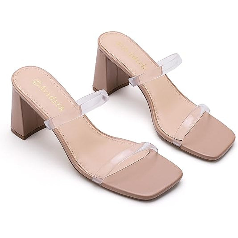 Avidirk Womens Size 8 Tan 2 Clear Strap Square Open Toe Slip on 3" Heels Sandals