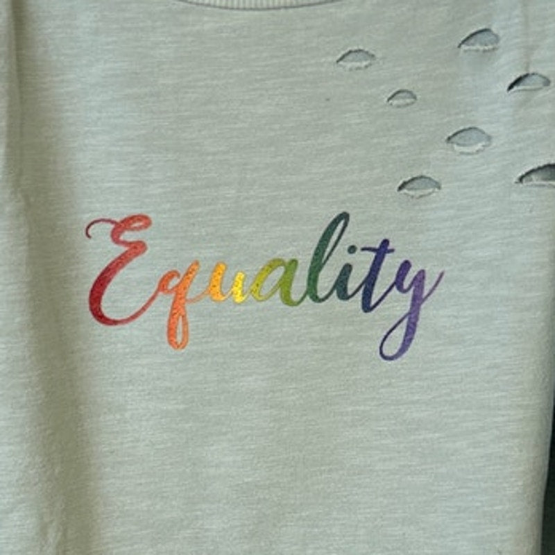 Upcycled Hand Printed Womens Large Rainbow Equality Distressed Sweatshirt