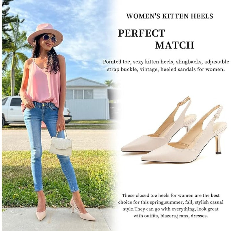 Rilista Womens Size 7.5 Tan Closed Pointy Toe Slingback Low Kitten Heel Shoes