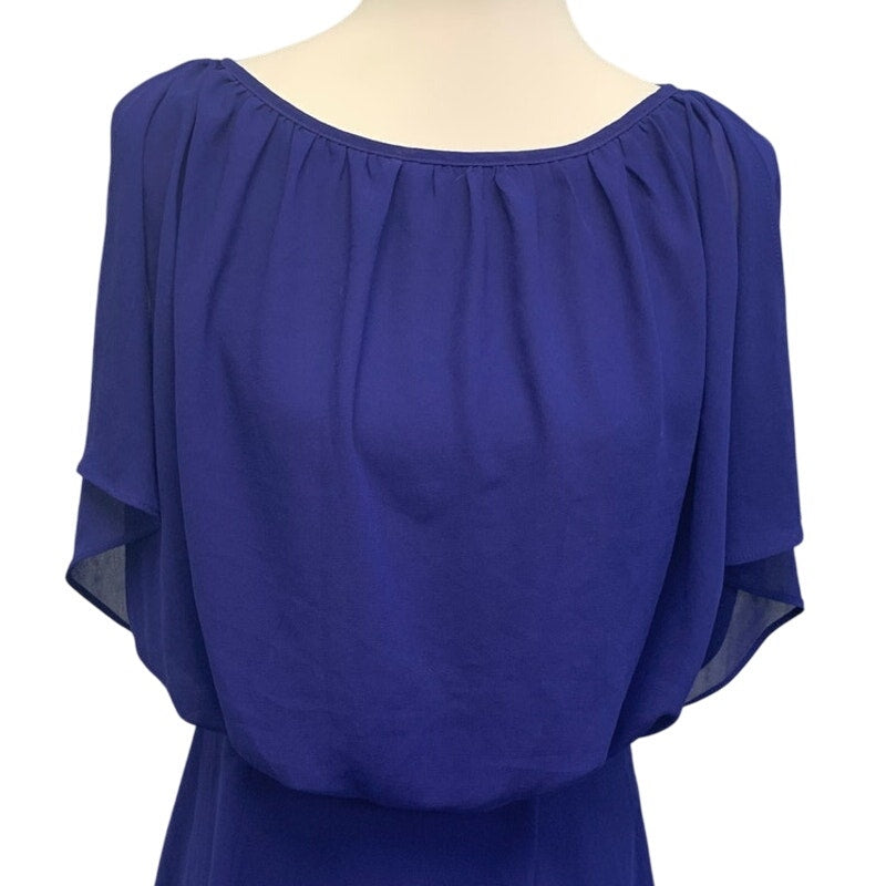 JustFab Womens Large Gathered Waist Sheer Polyester Cap Sleeve Knee Length Dress