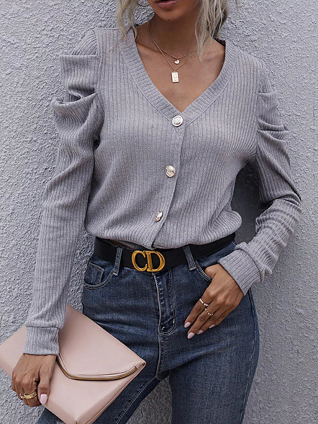 Ribbed V-Neck Button-Up Cardigan
