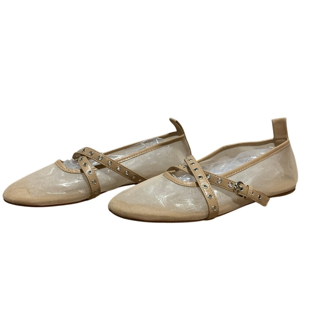 Vimisaoi Womens 8.5 Beige Mesh Ballet Flats Round Closed Toe Buckle Strap Shoes