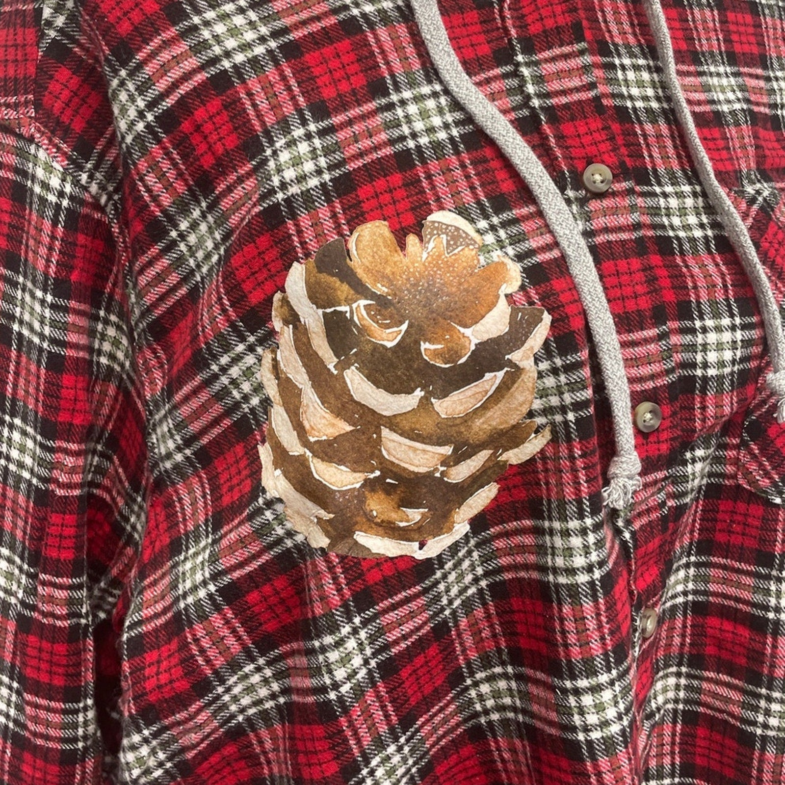New Hand Printed Womens Medium Rustic Pine Cone Long Sleeve Plaid Flannel Hoodie