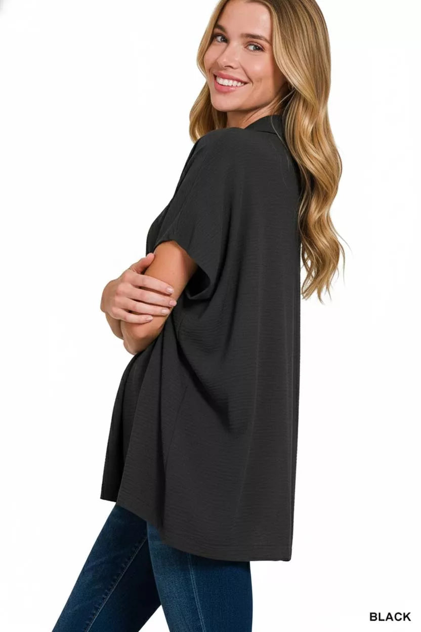 Zenana Woven Airflow Collared Short Sleeve Top