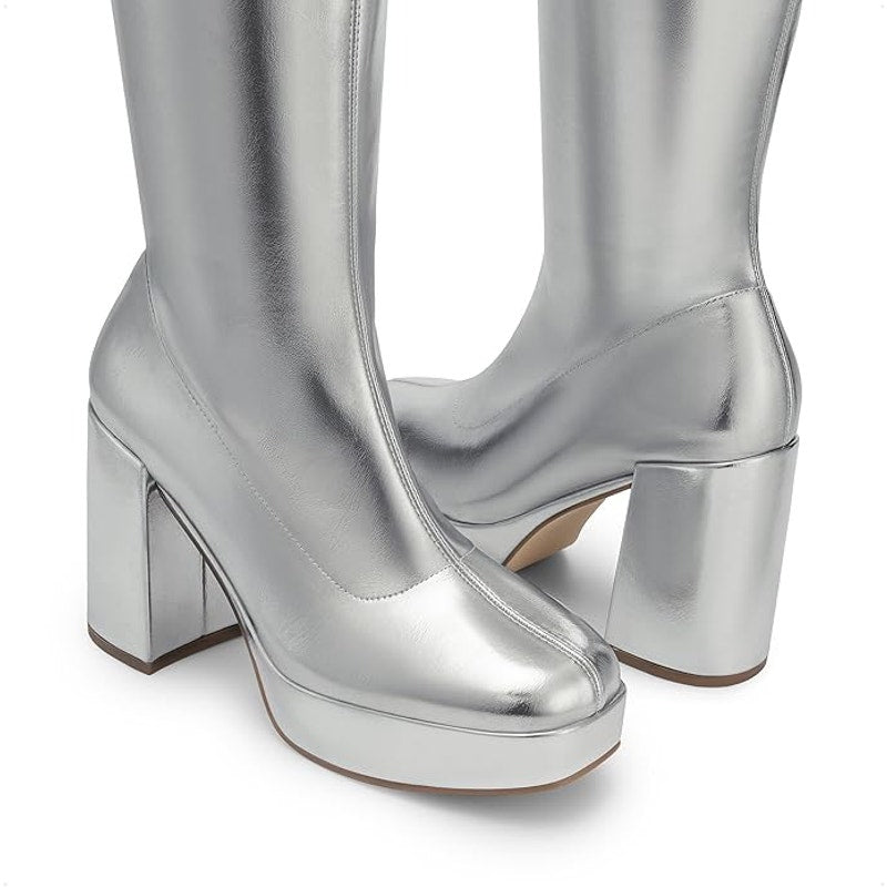 Dream Pairs Womens Size 8 Shiny Silver Zip 4" Platform Heel Knee High Gogo Boots