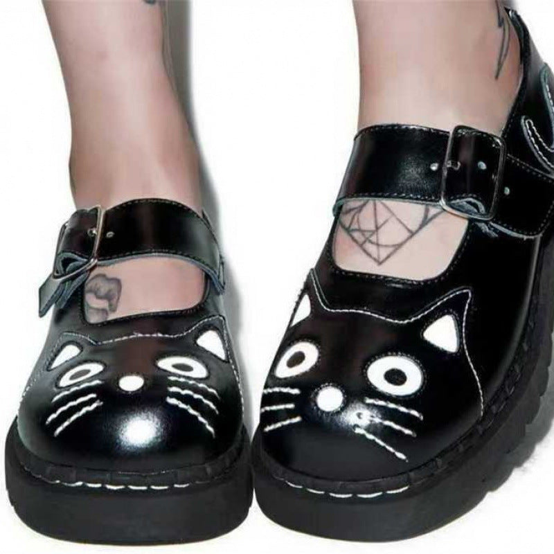 Women's Cat-Theme Velcro Strap Platform Shoes | Thick Sole Round Toe Casual Sneakers
