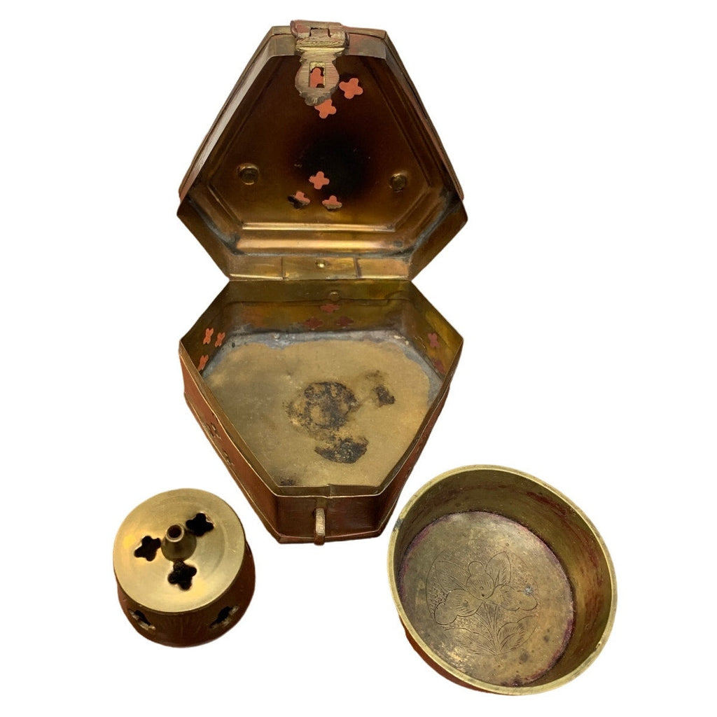Vintage Made In India Flower Etched Metal Incense Burner Latched Box Set
