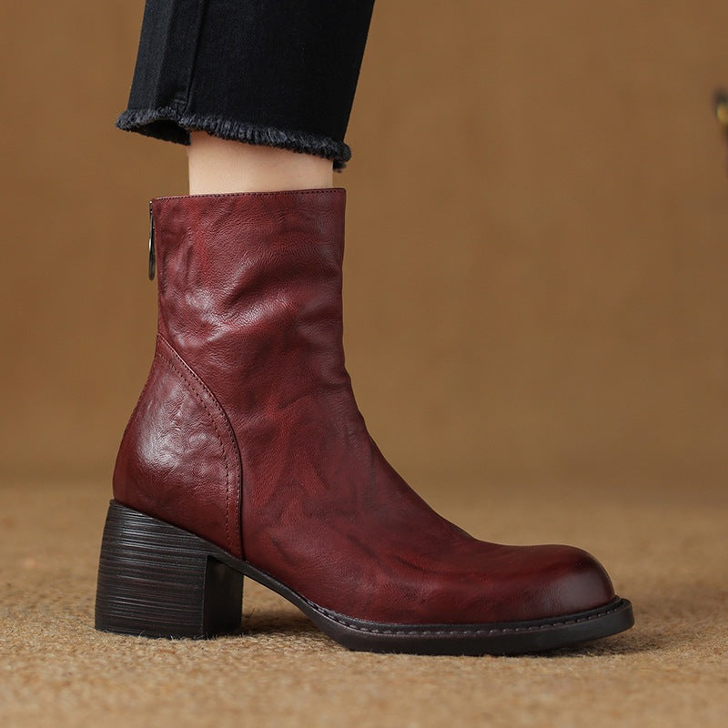 Women's Retro Pointed-Toe Ankle Boots | Chunky Heel Back Zipper Sheepskin