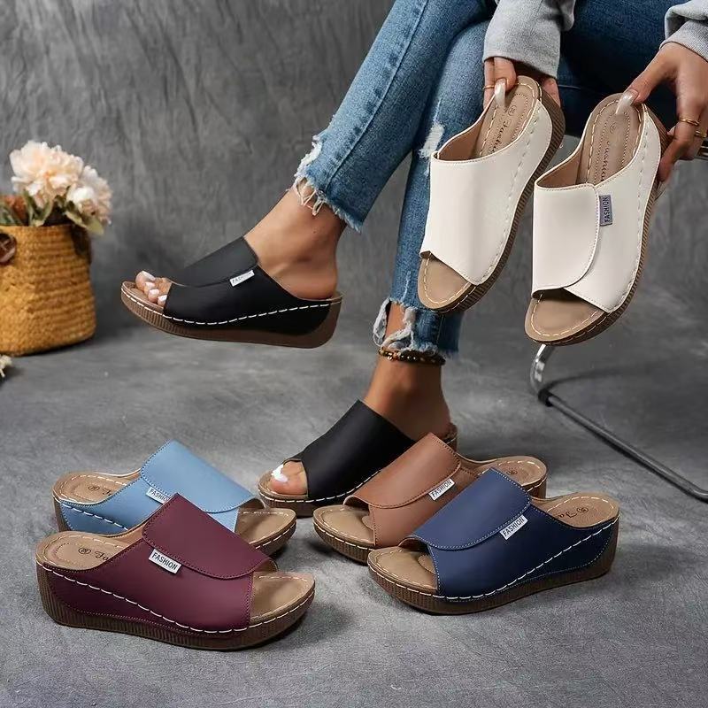 Women's Plus Size Chunky Sole Open Toe Slippers – Casual PU Slides