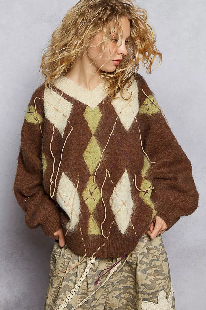 POL V-Neck Argyle Pattern Mohair Sweater with Contrast Exposed Stitch Detail