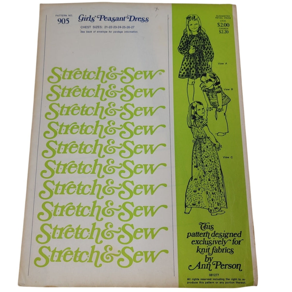 Vintage 1977 Stretch & Sew 905 Girls Peasant Dress Uncut Sewing Pattern