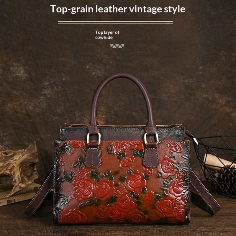 Women's Genuine Leather Shoulder Bag – Embossed Full-Grain Cowhide Handbag
