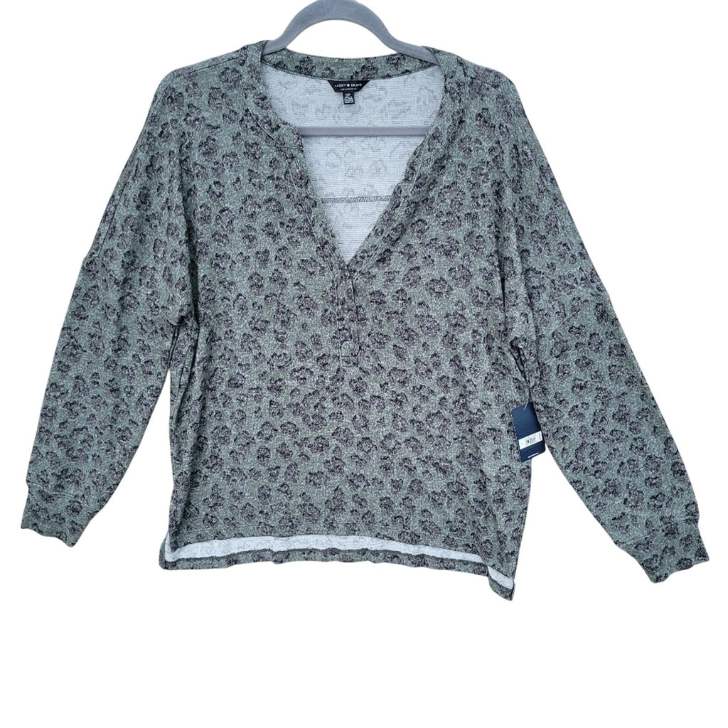 NWT New Lucky Brand Womens Small Leopard Print Viscose Long Sleeve Henley Top