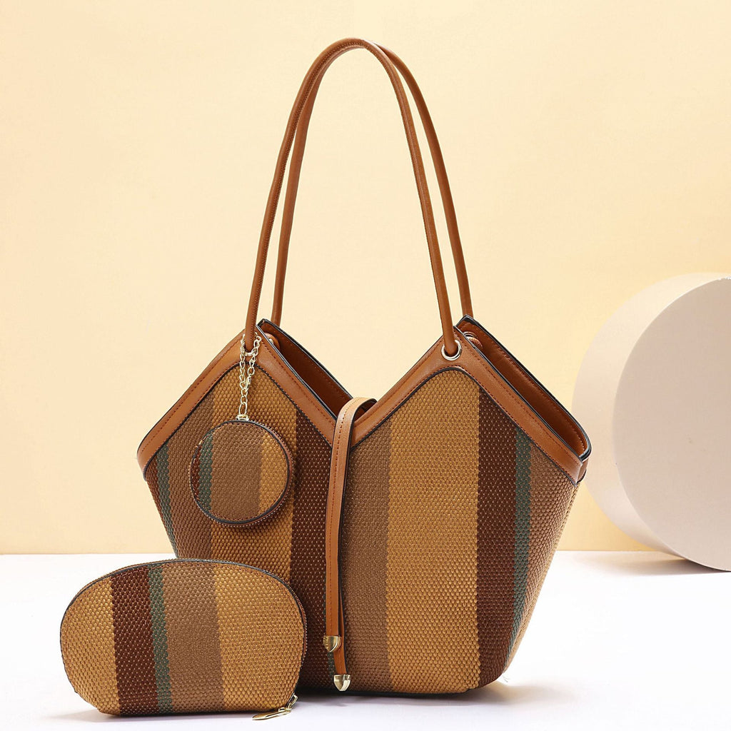 Women's PU Leather Tote Bag - High Capacity Shoulder Handbag with Color Block Design