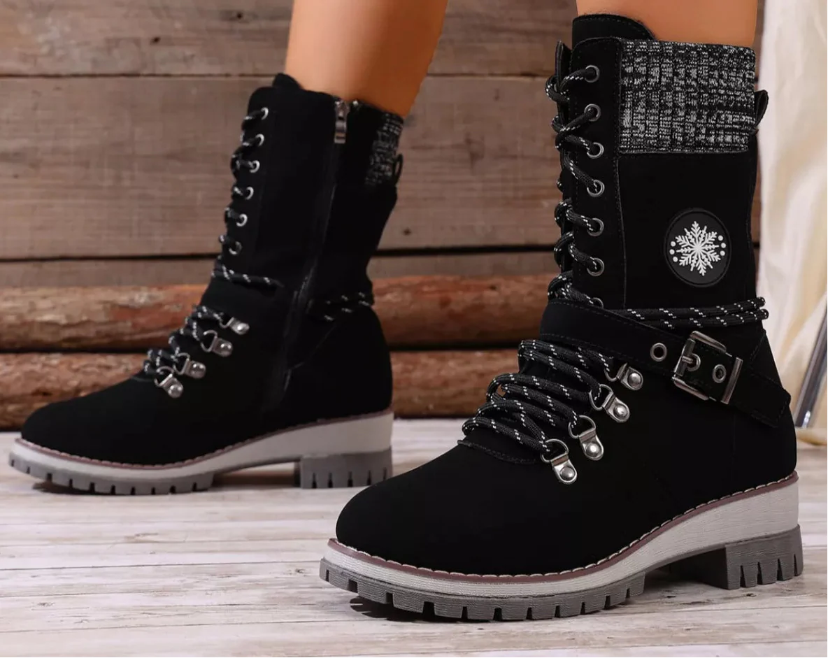Women's Lace-Up Ankle Combat Boots – PU Leather Low Heel Military Style