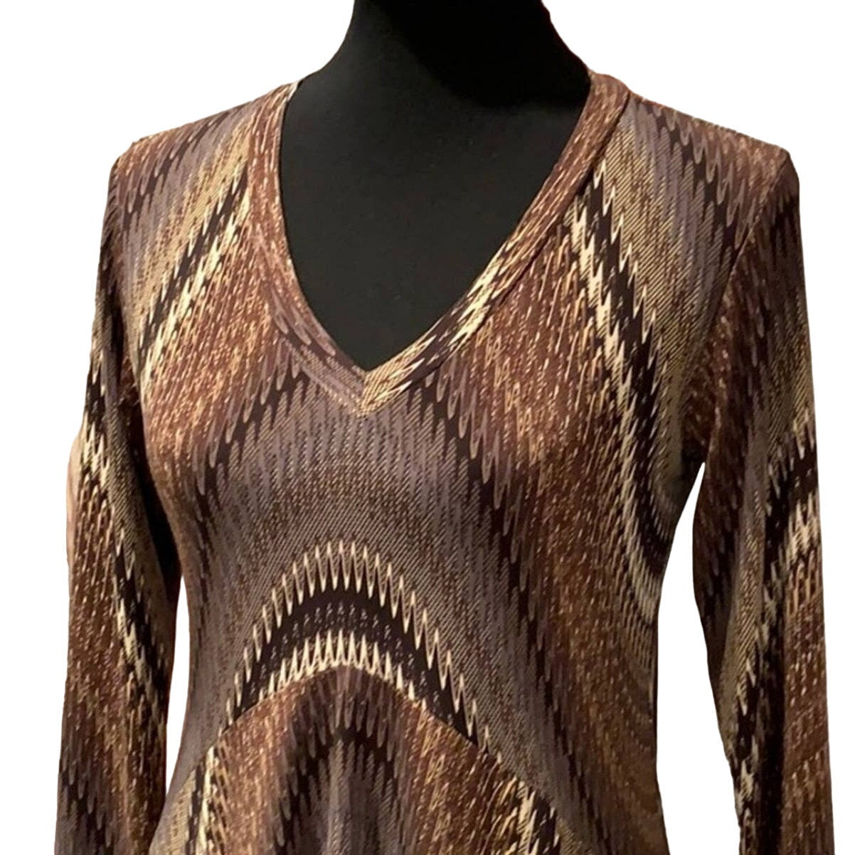 Sharon Max Small 1960s Inspired Brown Flowy Zig Zag Chevron Long Tunic Top