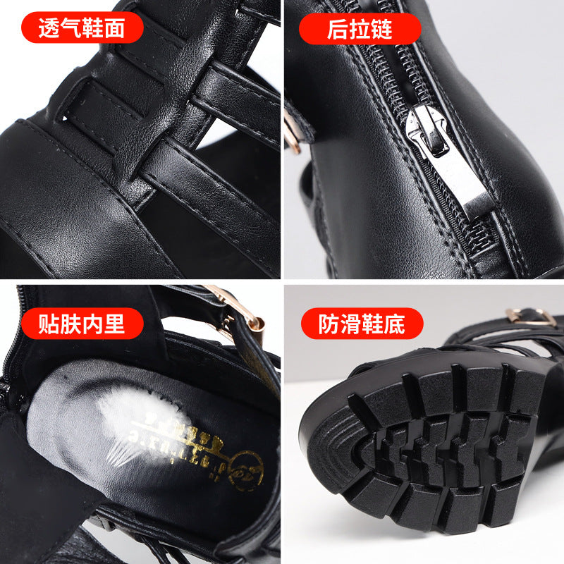Women's Cutout Platform Sandals | Waterproof Open-Toe Cowhide Back Zipper Heels