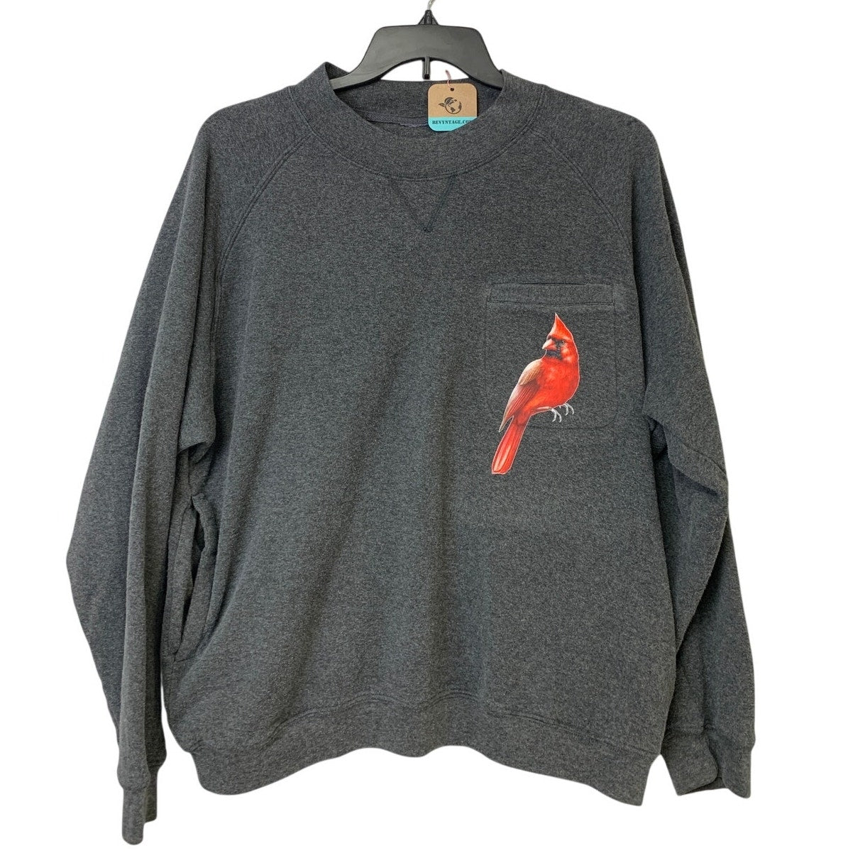 Upcycled Hand Printed Womens Large Red Cardinal Bird Long Sleeve Sweatshirt