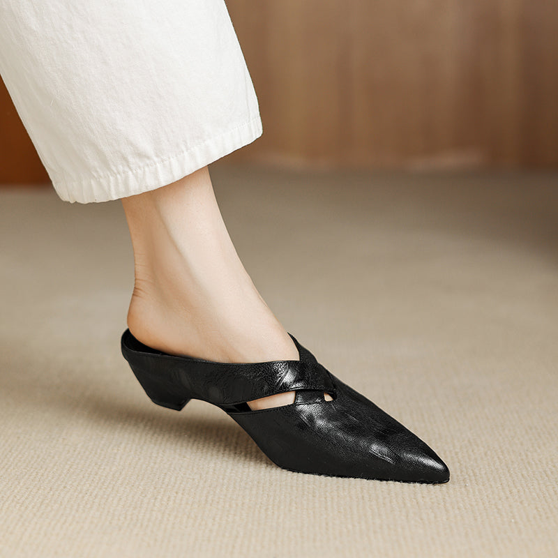 Women's Lambskin Pointed Toe Mules | Crisscross Low Heel Leather Slides