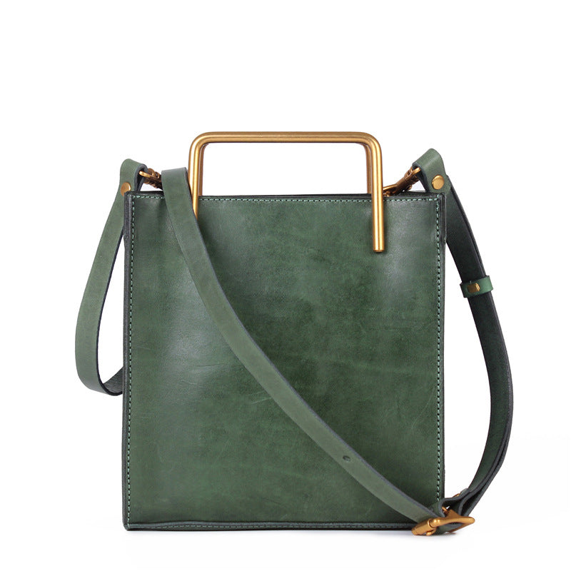 Vintage Full-Grain Leather Crossbody Bag | Small Square Cowhide Handbag for Women