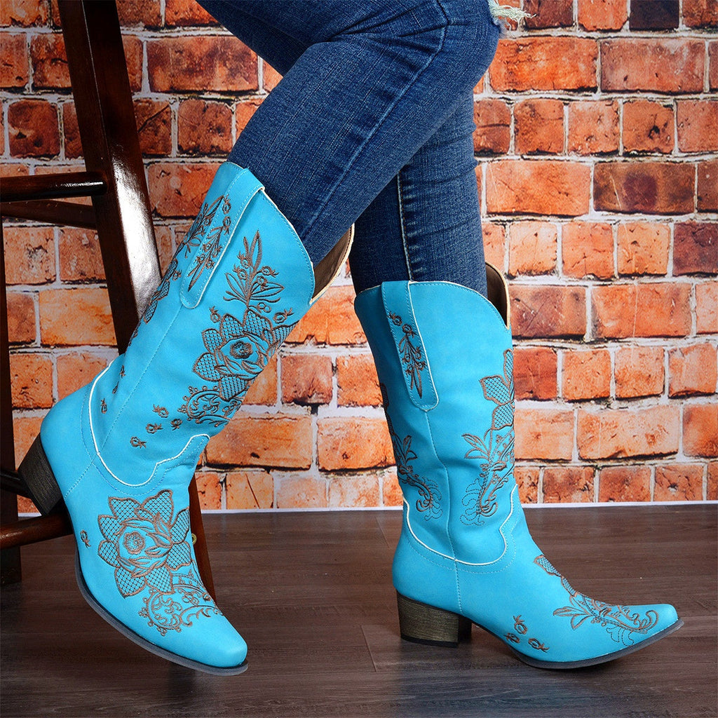 Women's Embroidered Ethnic Mid-Calf Boots - Comfortable Chunky Heel Square Toe