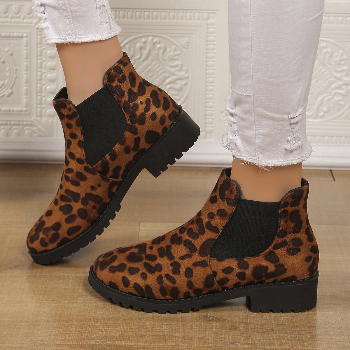Leopard Print Ankle Boots Women - Mid Heel Chunky Sole Slip-On Boots