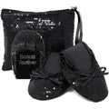 New Silky Toes Womens Medium Black Sequin Foldable Ballet Flats w Purse Case