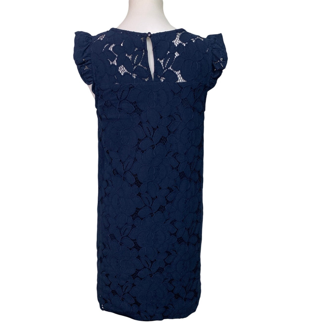 Monteau Womens Medium Navy Blue Floral Ruffled Sleeveless Lace Sheath Dress
