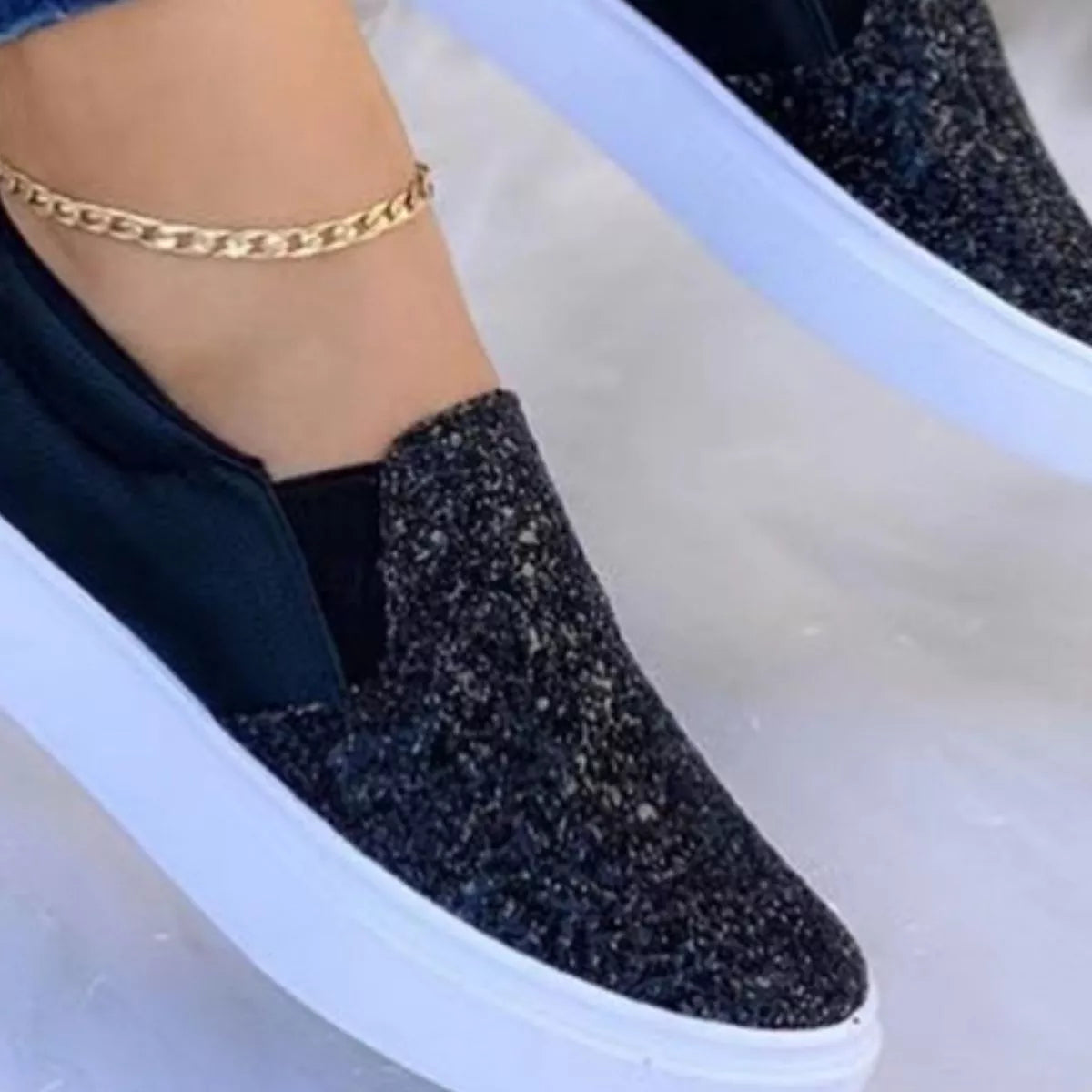 Women's Sequin Platform Slip-On Flats | Sparkle Round Toe Shoes