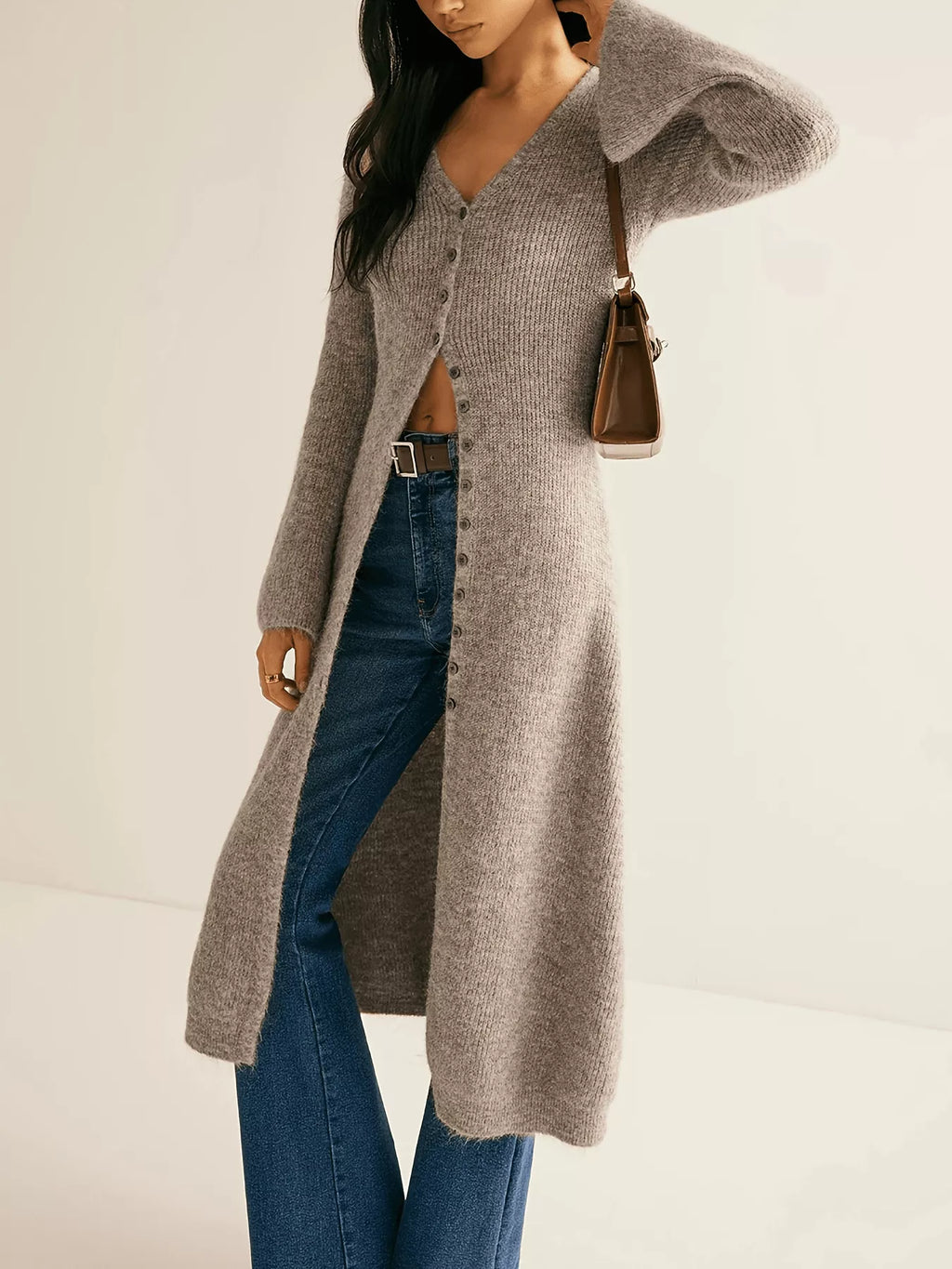 Longline Button-Down Bell Sleeve Cardigan