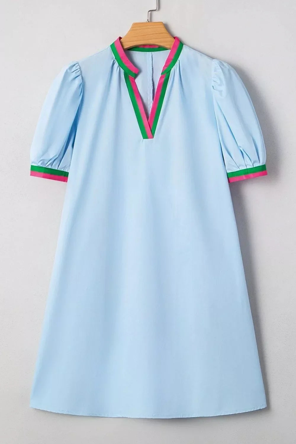 Puff Sleeve Mini Dress with Contrast Trim