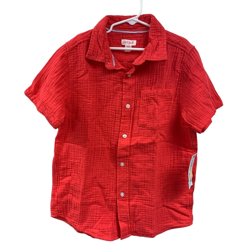 2 New Cat & Jack Boys Medium (8) Short Sleeve Striped Melon Button Up Shirts