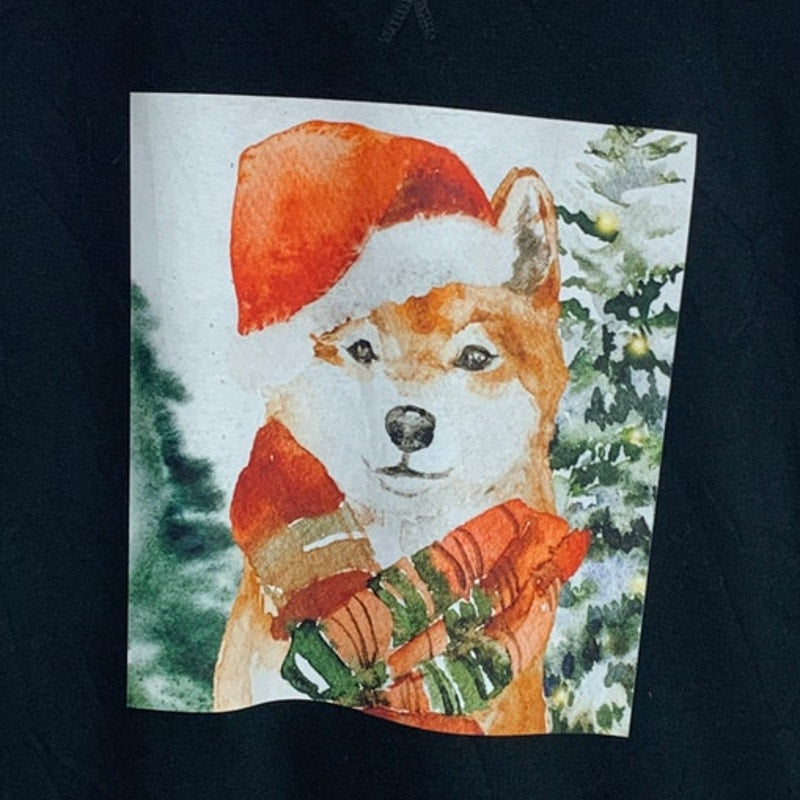 Upcycled Hand Printed Womens XL Christmas Santa Dog Long Sleeve Sweatshirt
