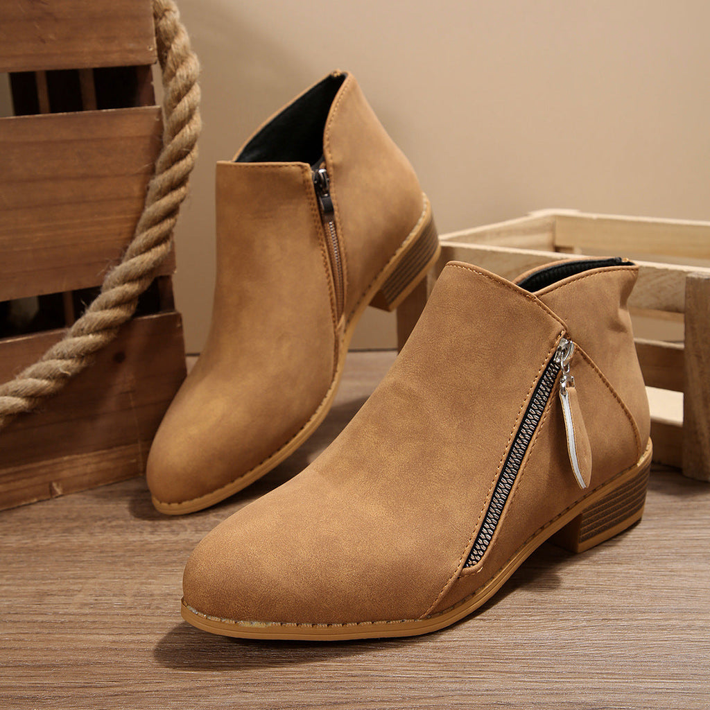 Women's Chunky Heel Pointed-Toe Ankle Boots – Side Zipper, PU Leather, Multi-Color