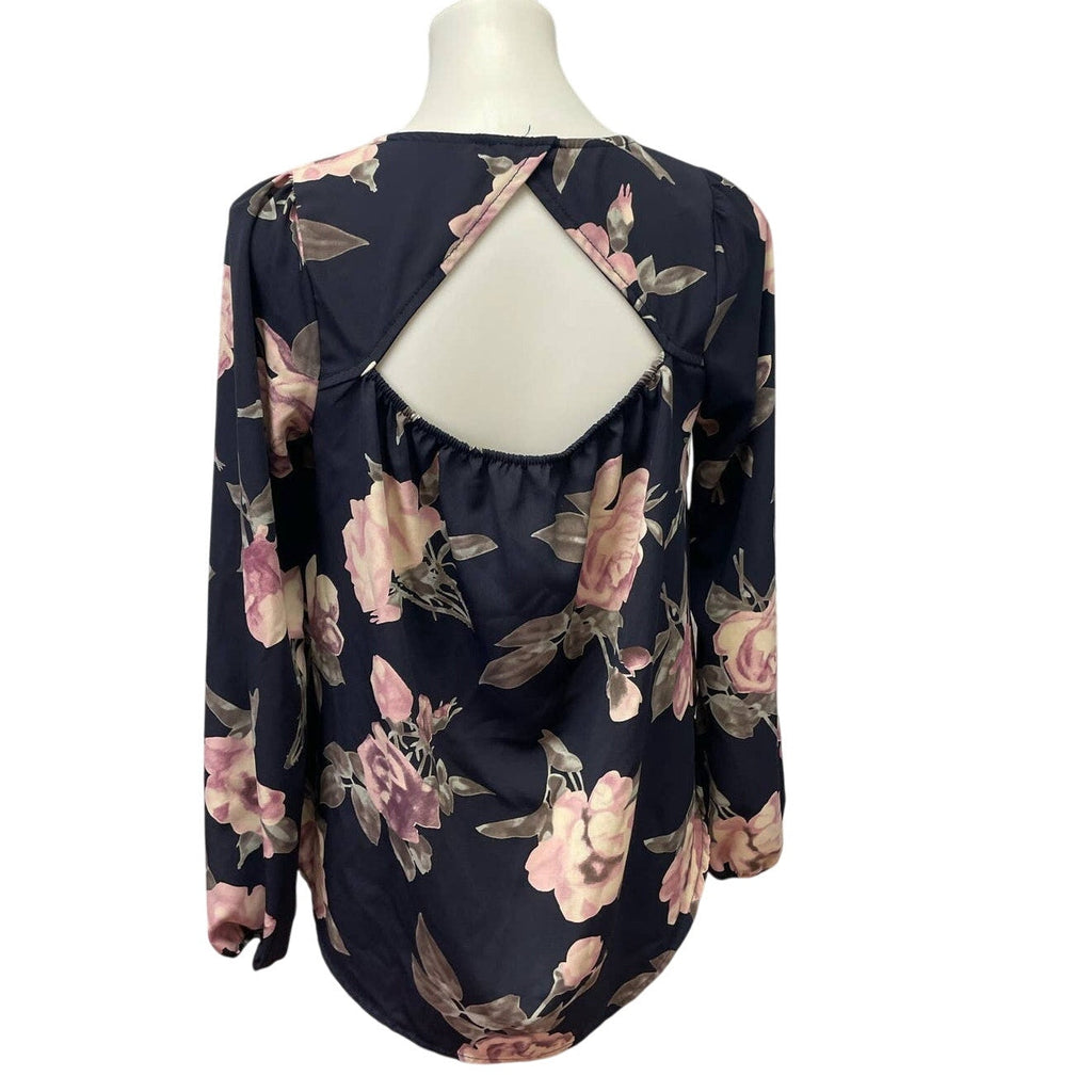 Papermoon Small Long Sleeve V Neck Polyester Open Keyhole Back Floral Top Blouse