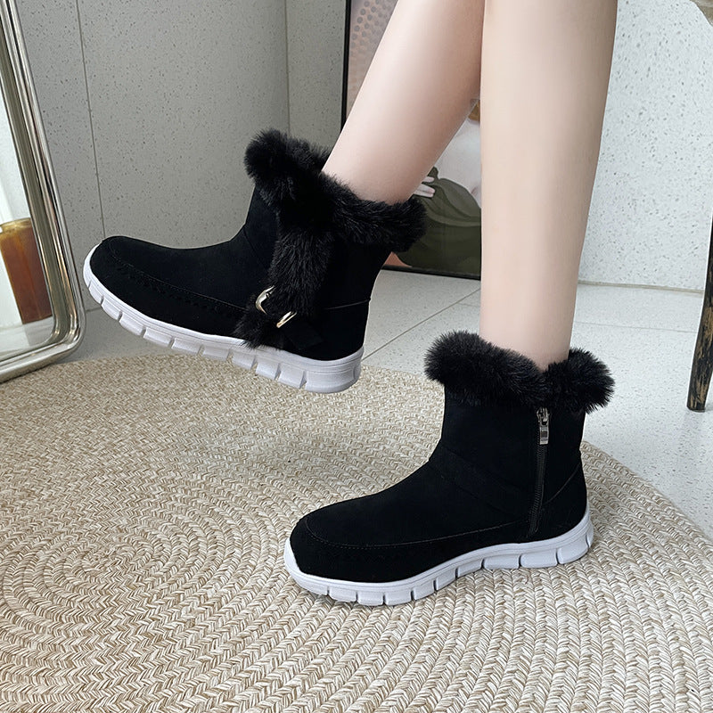 Women's Winter Snow Boots - Warm Plush Ankle Boots with Buckle Design