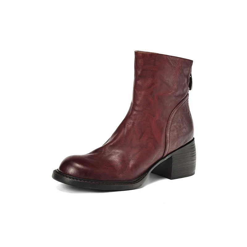 Women's Retro Pointed-Toe Ankle Boots | Chunky Heel Back Zipper Sheepskin
