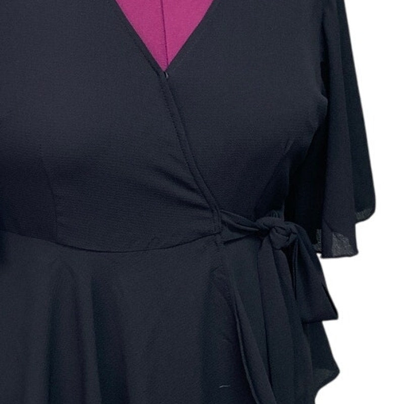 Womens 1X Black 100% Polyester Flowy Half Sleeve Belt Tie V Neck Wrap Top
