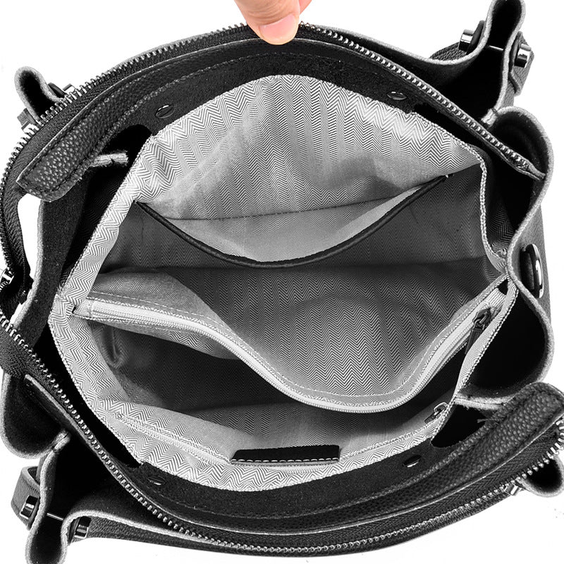 Women's Genuine Leather Bucket Tote Bag – Large Capacity | Black, Gray, Caramel