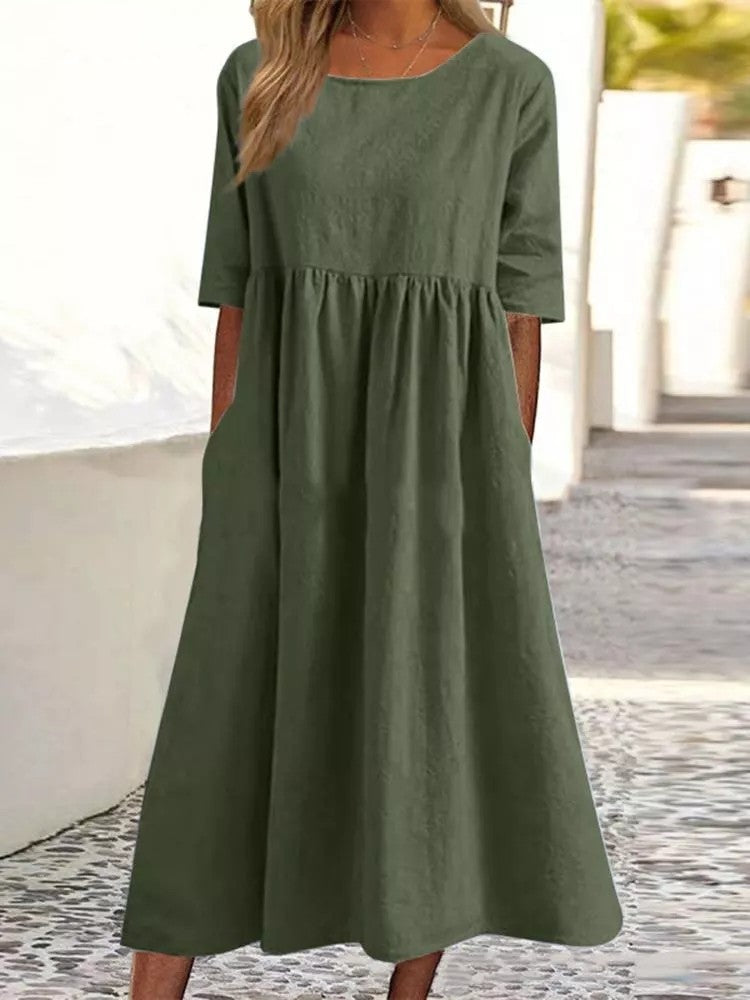 Plus Size Cotton Linen Midi Dress | Round Neck Pocket Dress